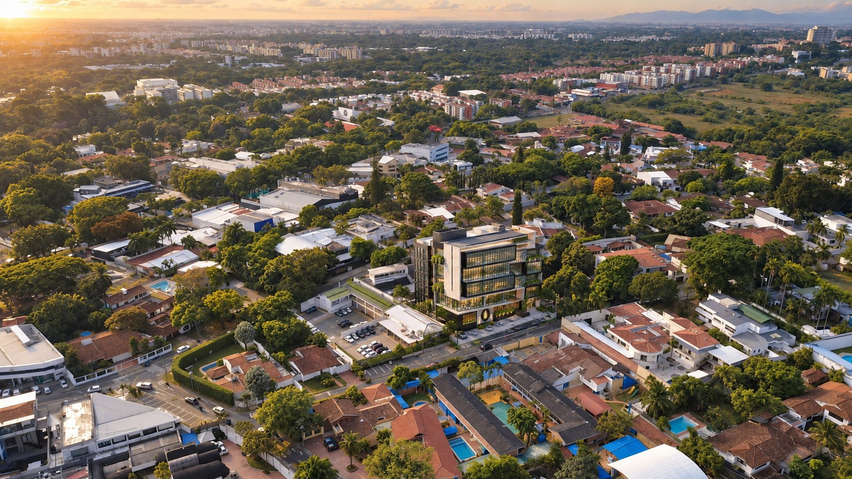 El edificio visto desde el aire al atardecer, destacándose sobre el tejido de casas y arboleda de Ciudad Jardín, con el resto de Cali y la cordillera al fondo.
