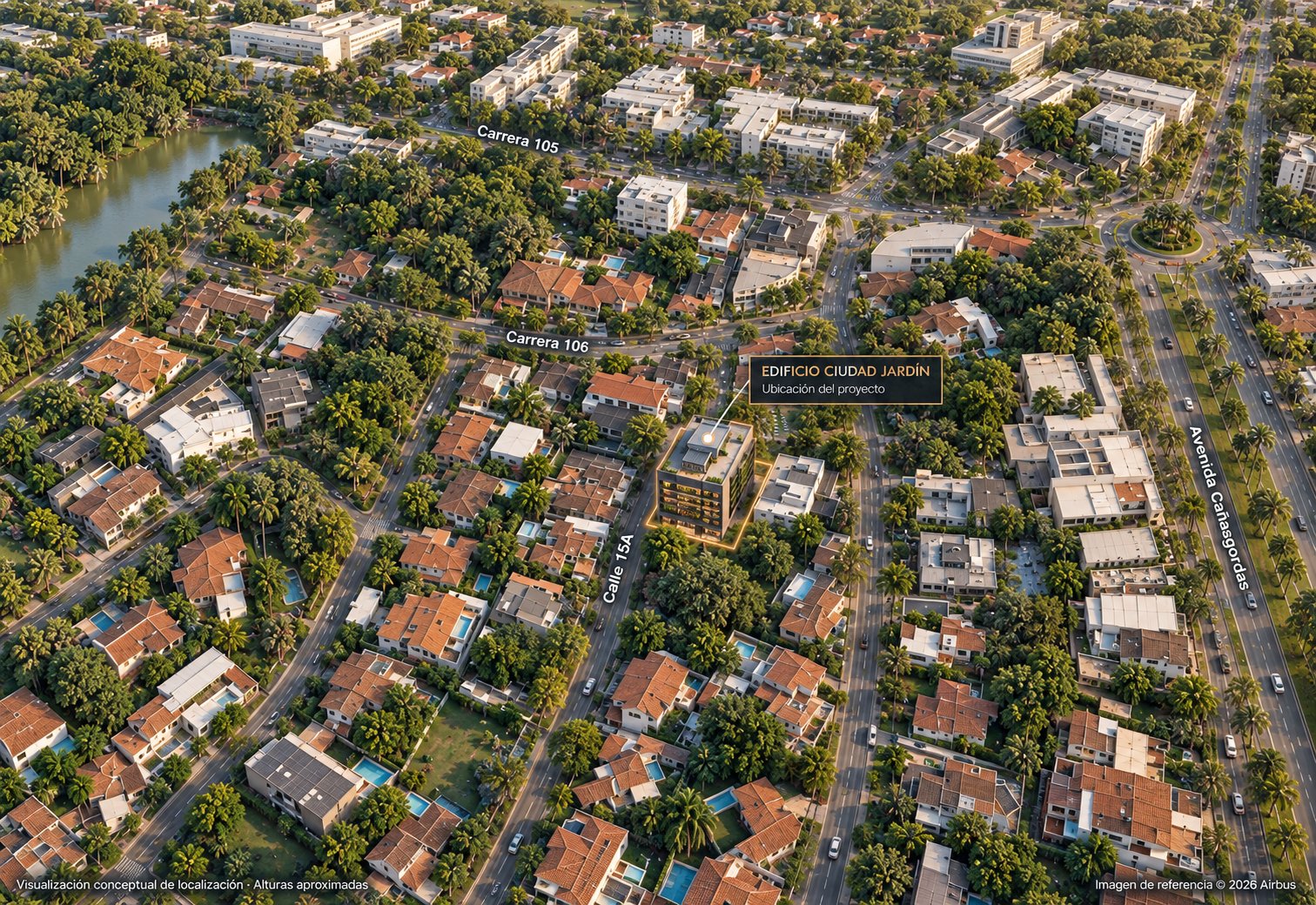 Vista aérea de Ciudad Jardín con el edificio señalado en el centro, entre la Calle 15A y las carreras 105 y 106, con la Avenida Cañasgordas al costado oriental.