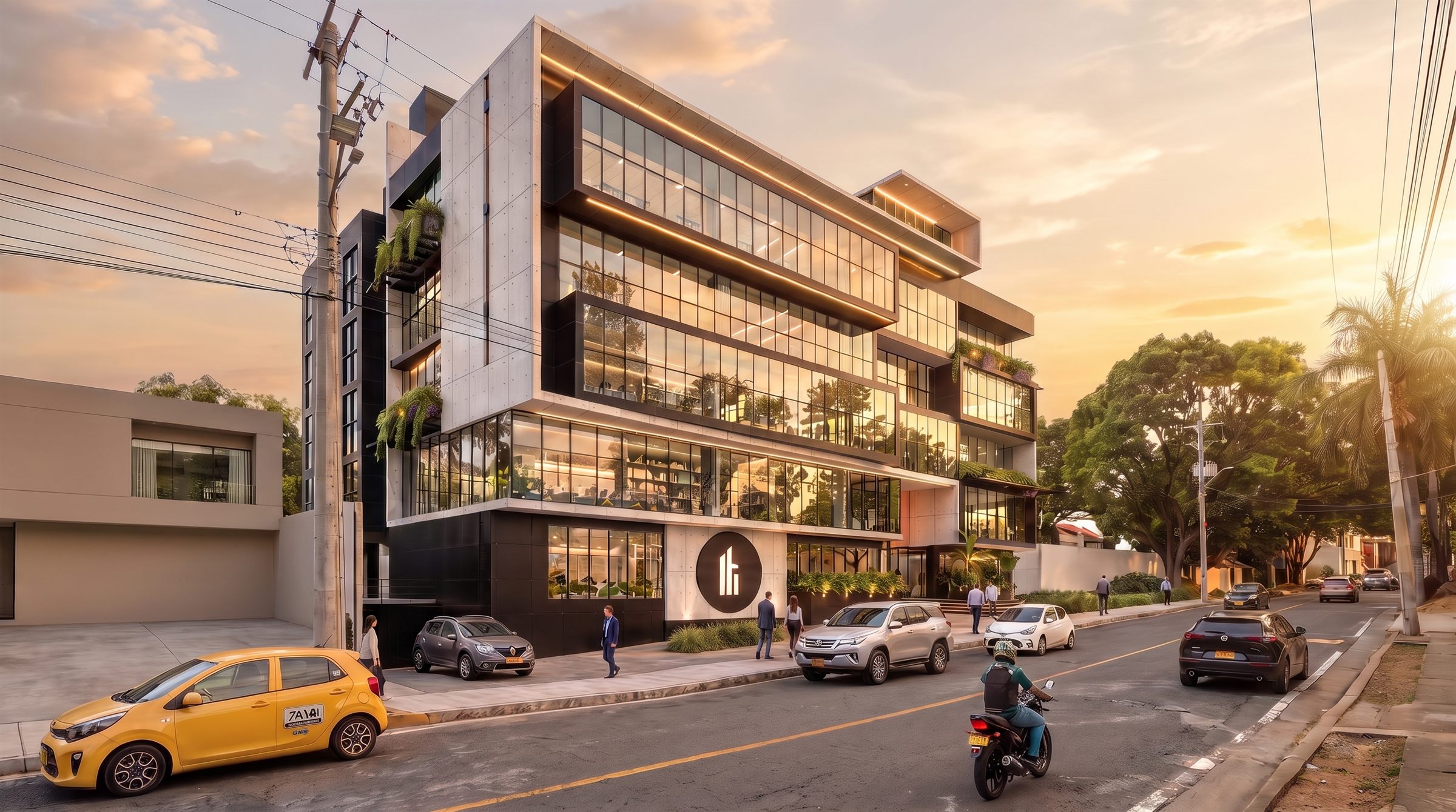 El edificio al atardecer, visto desde la esquina: cinco pisos de oficinas en concreto a la vista y ventanería continua, con la luz cálida entrando por las fachadas y el acceso peatonal al frente.