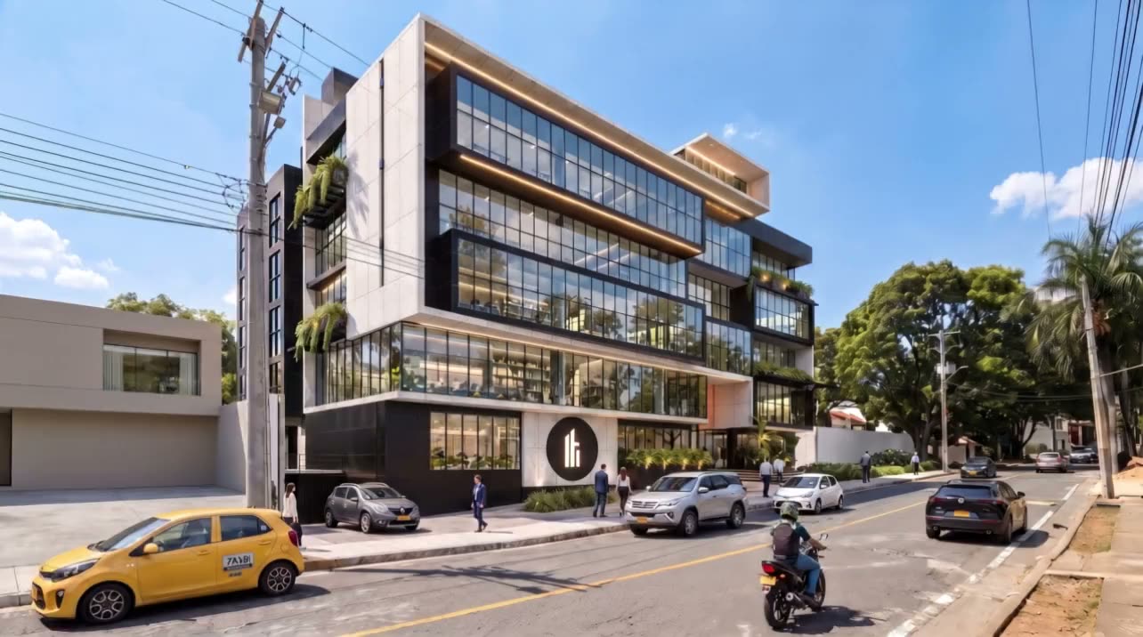 El edificio visto a la altura de un peatón desde la acera del frente.