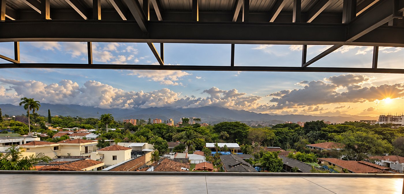 La vista hacia la cordillera desde una oficina del frente, enmarcada por la estructura metálica y la ventanería continua.